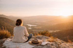 Women sitting crossed legged on the top of a hill looking out at the sunset, feeling calm and centred